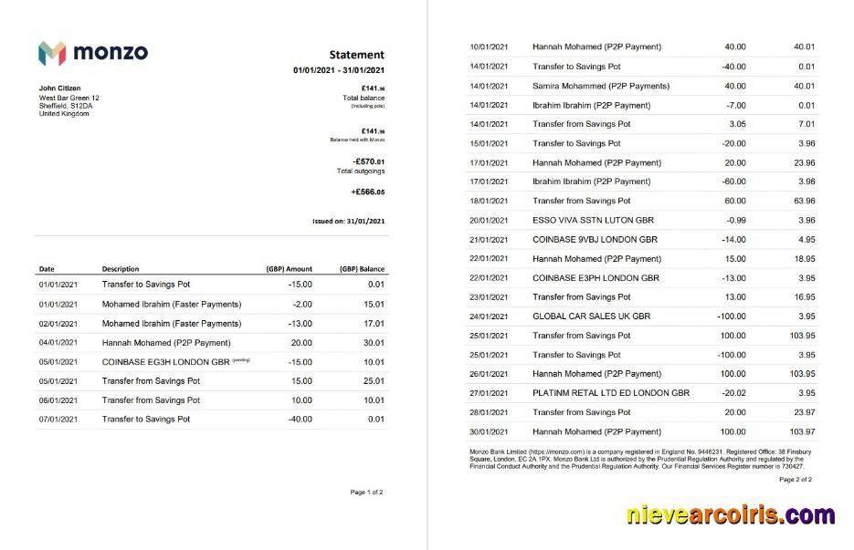 United Kingdom Monzo bank statement in Word and PDF format (3 pages), good for address prove